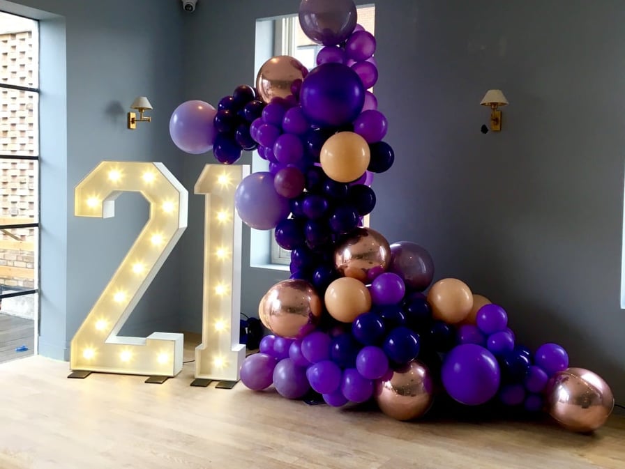 giant light up birthday numbers 21. Happy 21st. Balloons. Balloon arch. Giant 21 numbers